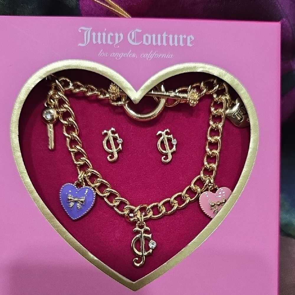 Juicy Couture Gold Bracelet and Earring Set with Pink and Purple Charms